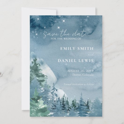 Rustikale Gebirge dunkelblaue Wasserfarbe Save The Date (Vorderseite)
