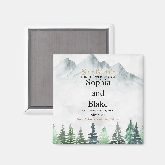 Rustikale Gebirge und Waldwasserfarbe Save the Dat Magnet (Vorderseite/Rückseite)