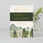 Rustikale Gebirgsbäume Moderne Save the Date Folieneinladung (Stehend vorne)