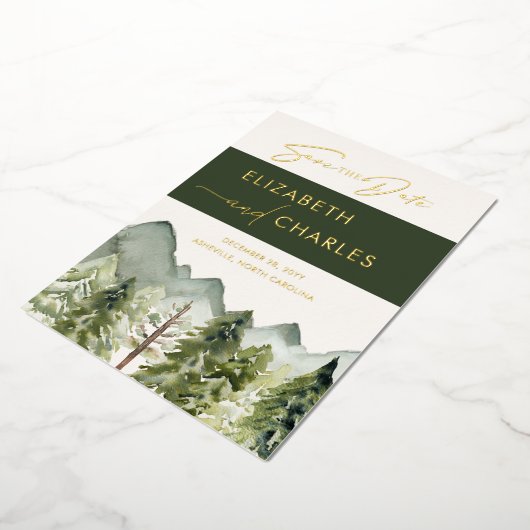 Rustikale Gebirgsbäume Moderne Save the Date Folieneinladung (Gedreht)