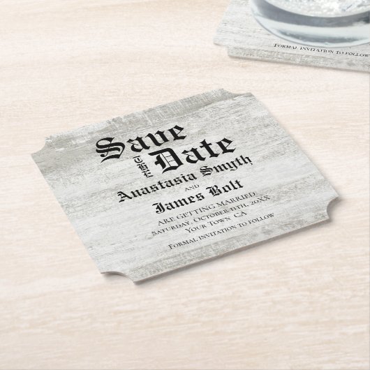 Rustikale gebleichte Holz-Hochzeit Save the Date Untersetzer (angewinkelt)