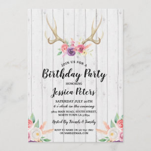Rustikale Geburtstagsfeier Blumen- Geweih- Hirsch- Einladung