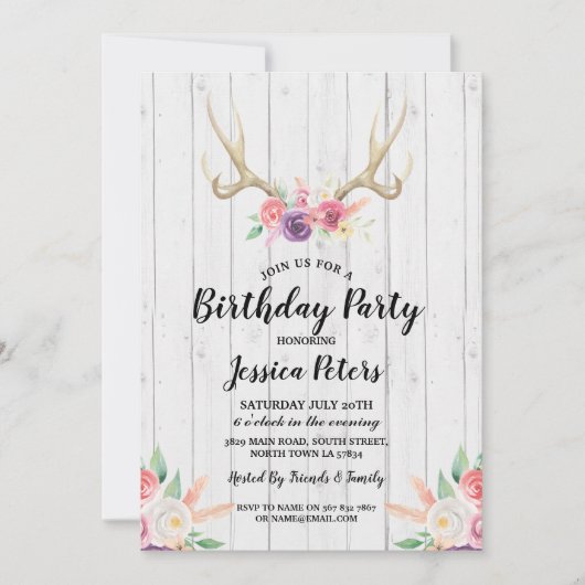 Rustikale Geburtstagsparty Floral Antler Stag Einl Einladung (Vorderseite)