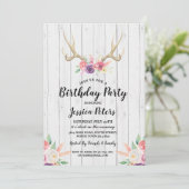 Rustikale Geburtstagsparty Floral Antler Stag Einl Einladung (Stehend Vorderseite)