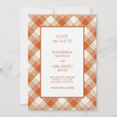 Rustikale gedämpfte orange karierte Gingham-Hochze Save The Date (Vorderseite)