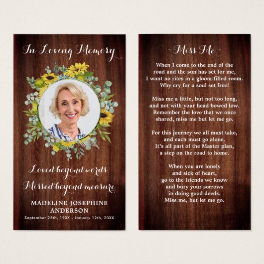 Rustikale Gedenkkarte für Sonnenblumen Beerenkkart (Vorne & Hinten)