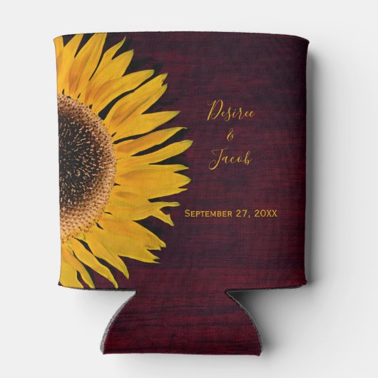 Rustikale Gelbblüte Burgundy Wood Wedding Dosenkühler (Rückseite)
