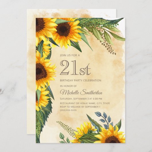 Rustikale Gelbblüten 21. Geburtstag Einladung (Vorne/Hinten)