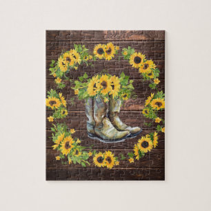 Rustikale Gelbblüten Cowboy Boots Country Puzzle