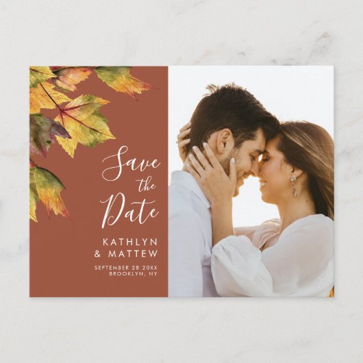 Rustikale gelbe Herbstblattsehen retten das Datum Ankündigungspostkarte (Vorderseite)