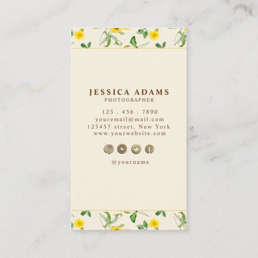 Rustikale gelbe Sonnenblume Wasserfarbenkarte Visitenkarte (Rückseite)