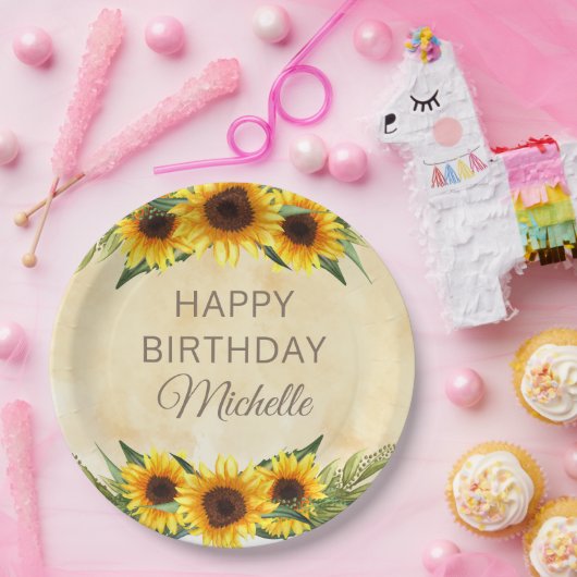 Rustikale gelbe Sonnenblumen Custom Happy Birthday Pappteller (Party)