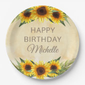Rustikale gelbe Sonnenblumen Custom Happy Birthday Pappteller (Vorderseite)