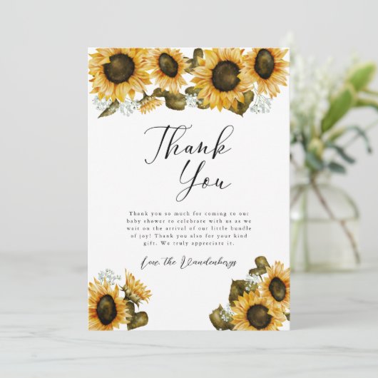 Rustikale gelbe Sonnenblumen Kinderdusche Dankeskarte (Stehend Vorderseite)