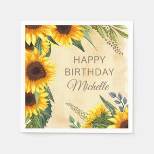 Rustikale gelbe Sonnenblumen zum Happy Birthday Serviette