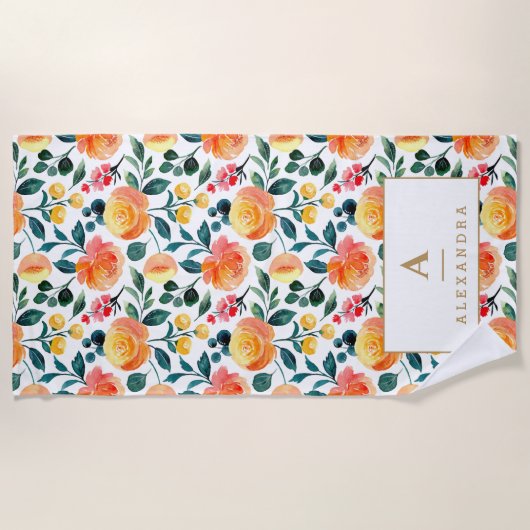 Rustikale Gelborange Blume Monogramm Strandtuch (Vorderseite)