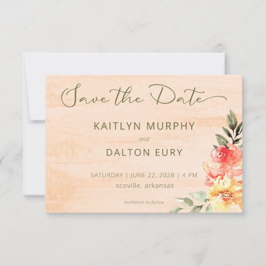 Rustikale Gelborange und Pfirsichfarben Rose Save The Date (Vorderseite)