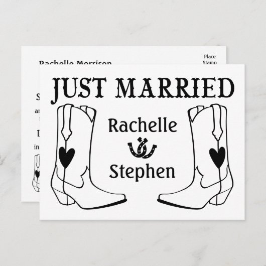 Rustikale, gerade verheiratete Hochzeitsreise West Ankündigungspostkarte (Vorne/Hinten)