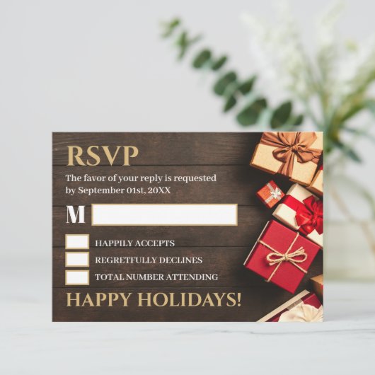Rustikale Geschenkboxen, Weihnachts-Party-UAWG RSVP Karte (Stehend Vorderseite)