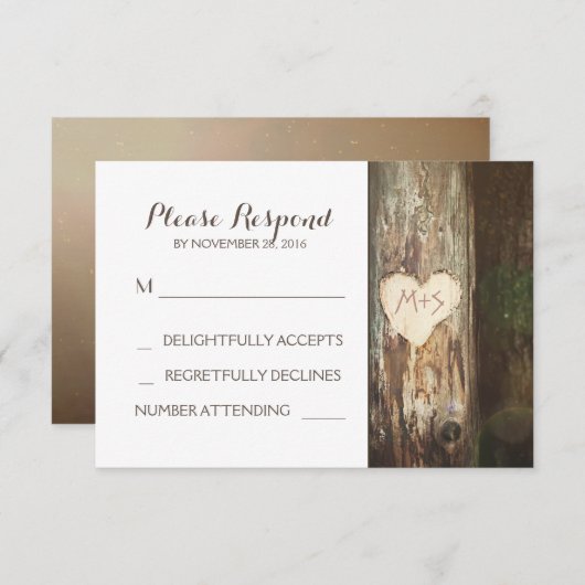 Rustikale, geschnitzte Herzenstich RSVP Karten (Vorne/Hinten)
