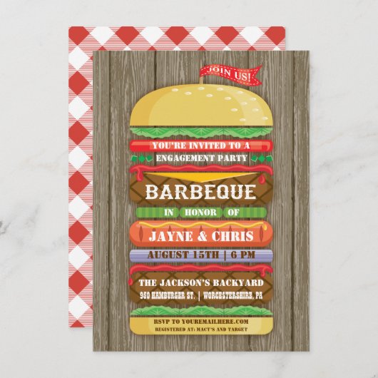 Rustikale gestapelte Hamburger Engagement Party GR Einladung (Vorne/Hinten)