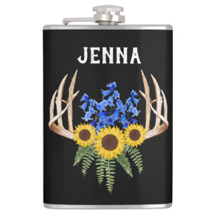 Rustikale Geweih-Bluebells und Sonnenblumen Flachmann