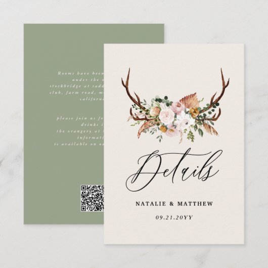 Rustikale Geweih-Blumen-Hochzeit Wald Boho Details Begleitkarte (Vorne/Hinten)