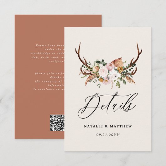 Rustikale Geweih-Blumen-Hochzeit Wald Boho Details Begleitkarte (Vorne/Hinten)