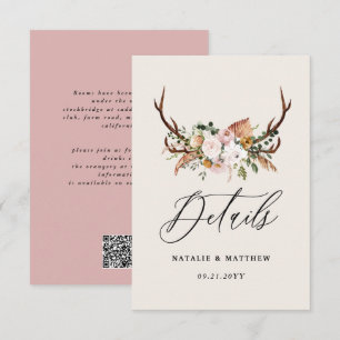 Rustikale Geweih-Blumen-Hochzeits-Wald-Boho-Detail Begleitkarte