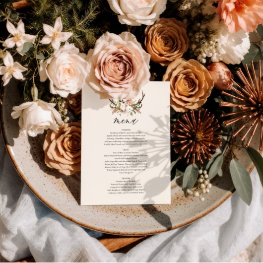 Rustikale Geweih-Blumen-Hochzeitsmenü Boho Woodlan Menükarte