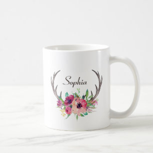 Rustikale Geweih Boho Blumen mit Monogramm Kaffeetasse
