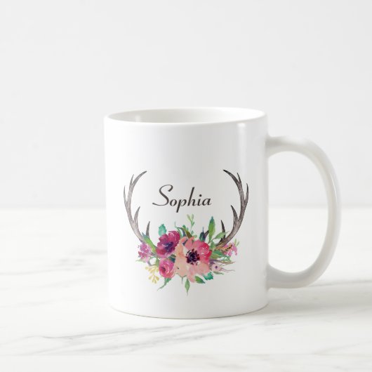 Rustikale Geweih Boho Blumen mit Monogramm Kaffeetasse (Rechts)
