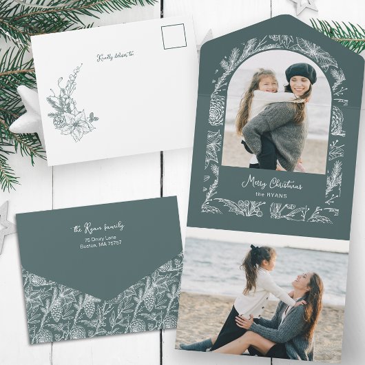 Rustikale, gezeichnete Weihnachts-Botanik-Architek All In One Einladung