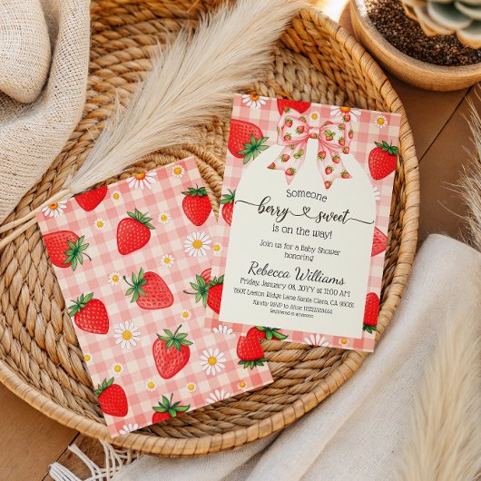 Rustikale Gingham-Erdbeer-Süße-Baby-Party Einladung