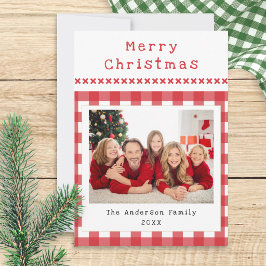 Rustikale Gingham-Familienfoto Rot-Weiß-Weihnachte Feiertagskarte