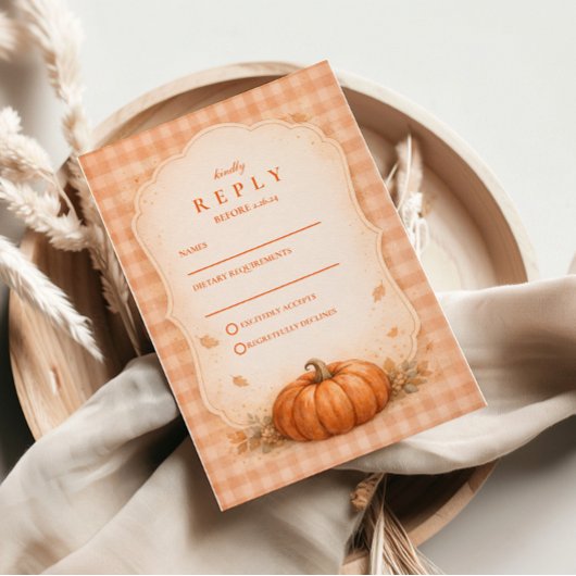 Rustikale Gingham-Kürbis-Herbsthochzeit RSVP Karte