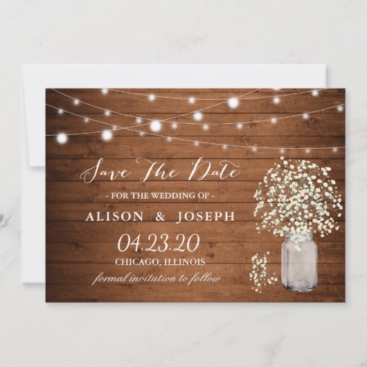 Rustikale Gipskraut-Lichter Hochzeit speichern das Save The Date (Vorderseite)