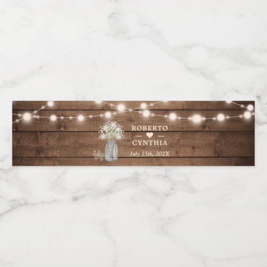 Rustikale Gipskraut-String-Lichter Hochzeit Wasserflaschenetikett (Einzelnes Label)