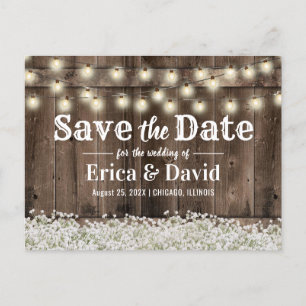Rustikale Gipskraut-String-Lichter Save the Date Ankündigungspostkarte