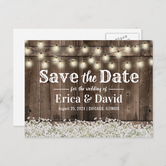 Rustikale Gipskraut-String-Lichter Save the Date Ankündigungspostkarte (Vorne/Hinten)