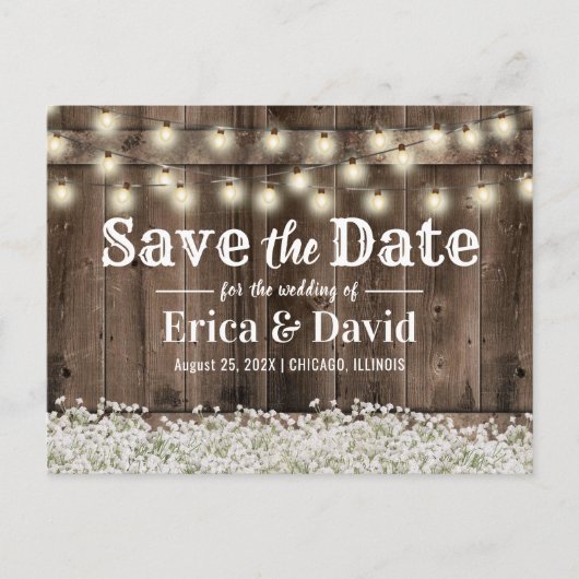 Rustikale Gipskraut-String-Lichter Save the Date Ankündigungspostkarte (Vorderseite)