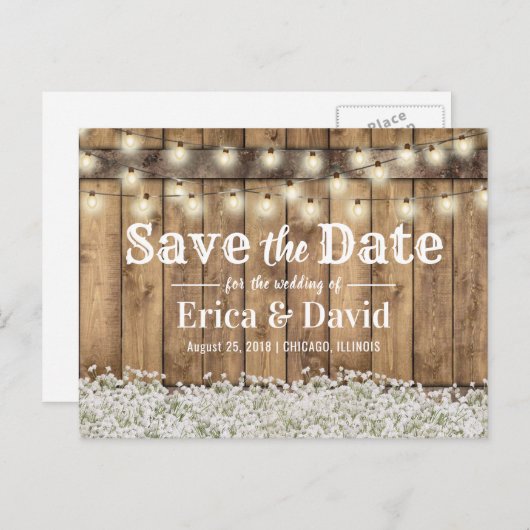 Rustikale Gipskraut-String-Lichter Save the Date Ankündigungspostkarte (Vorne/Hinten)