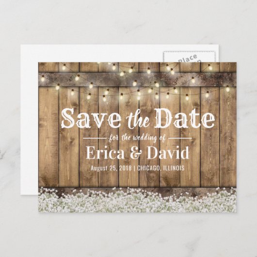 Rustikale Gipskraut-String-Lichter Save the Date Ankündigungspostkarte (Vorne/Hinten)
