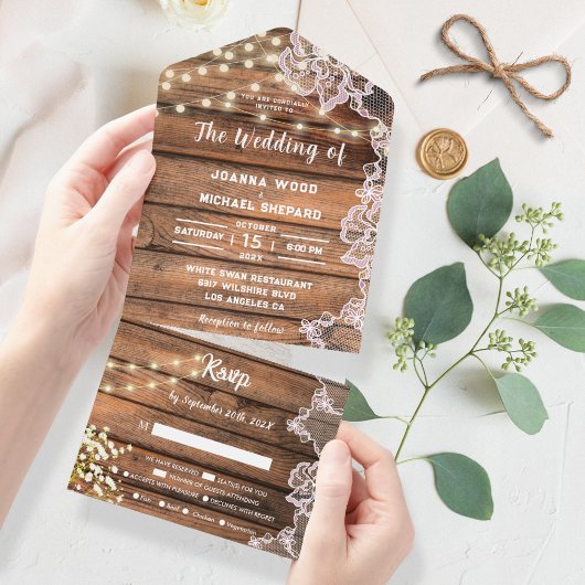 Rustikale Gipskraut-String-Lights-Hochzeit All In One Einladung