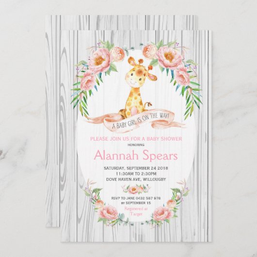 Rustikale Giraffe Rosa Blütendusche Einladungen (Vorne/Hinten)
