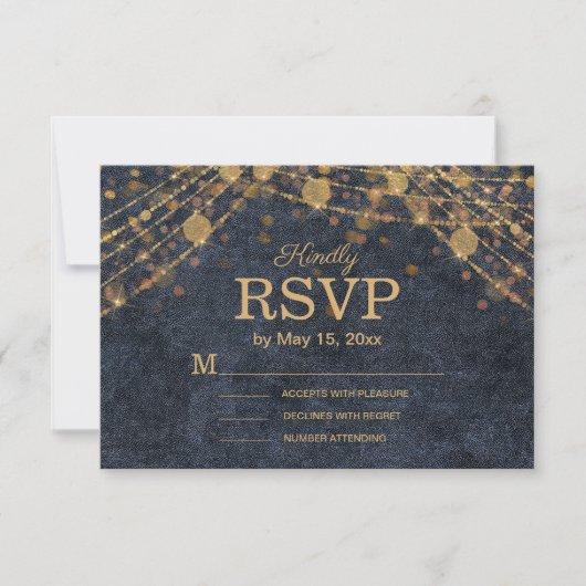 Rustikale Glam Navy Blue Gold Hochzeit RSVP Karte (Vorderseite)