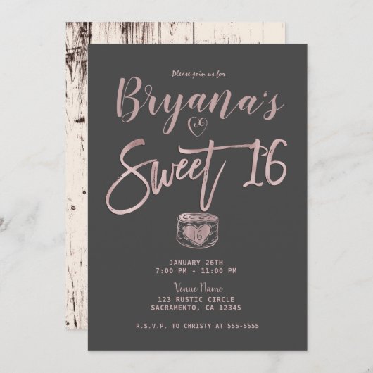 Rustikale Glam Rose Gold Pink Gray Sweet 16 Party Einladung (Vorne/Hinten)