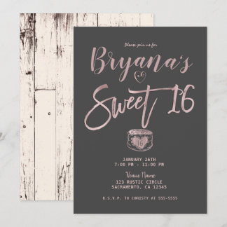Rustikale Glam Rose Gold Pink Gray Sweet 16 Party Einladung