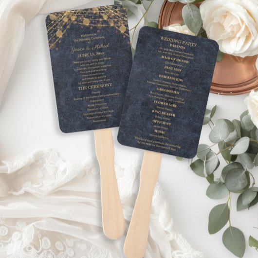 Rustikale Glamour Blau Gold Hochzeitsprogramm Fächer