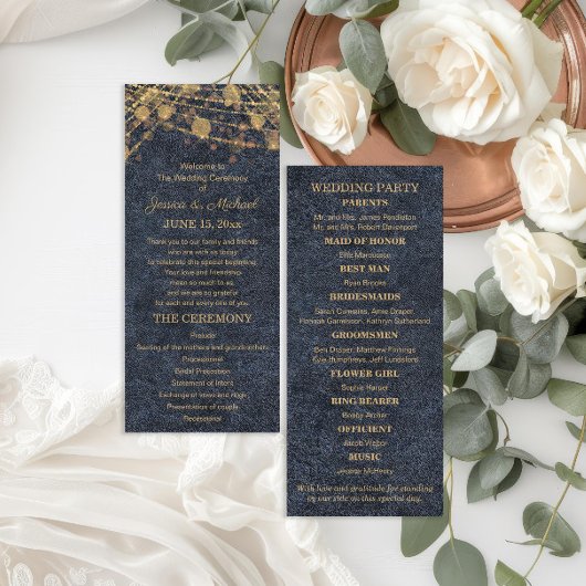 Rustikale Glamour Blau Gold Hochzeitsprogramm Programm